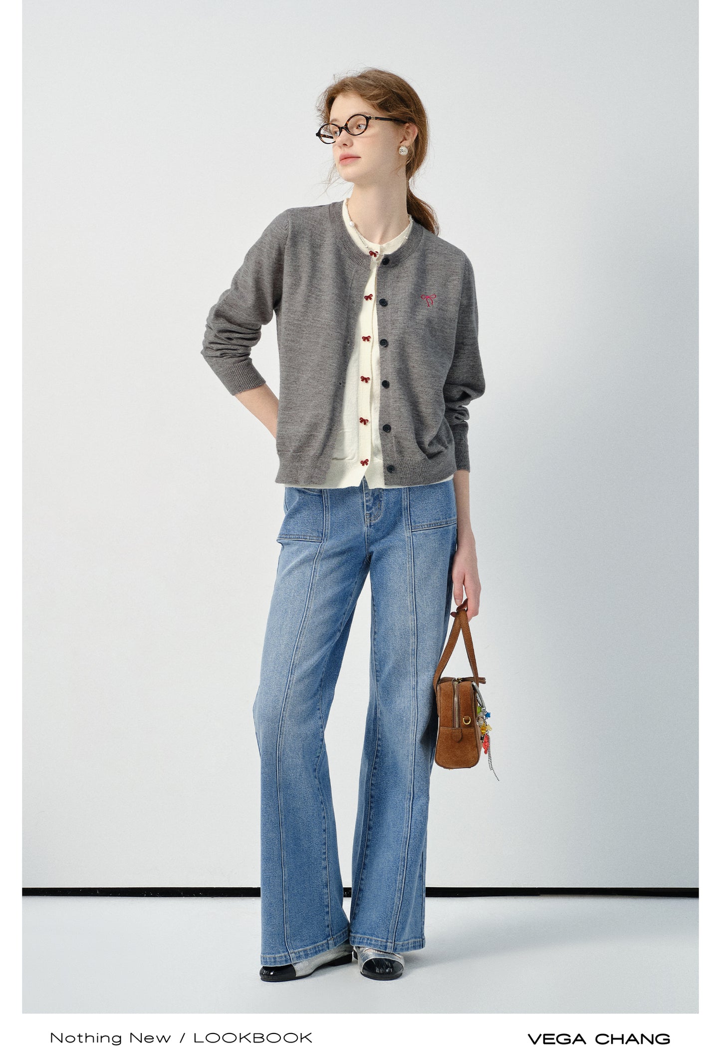 Layered-Look Bow Cardigan & Center Seam Jeans