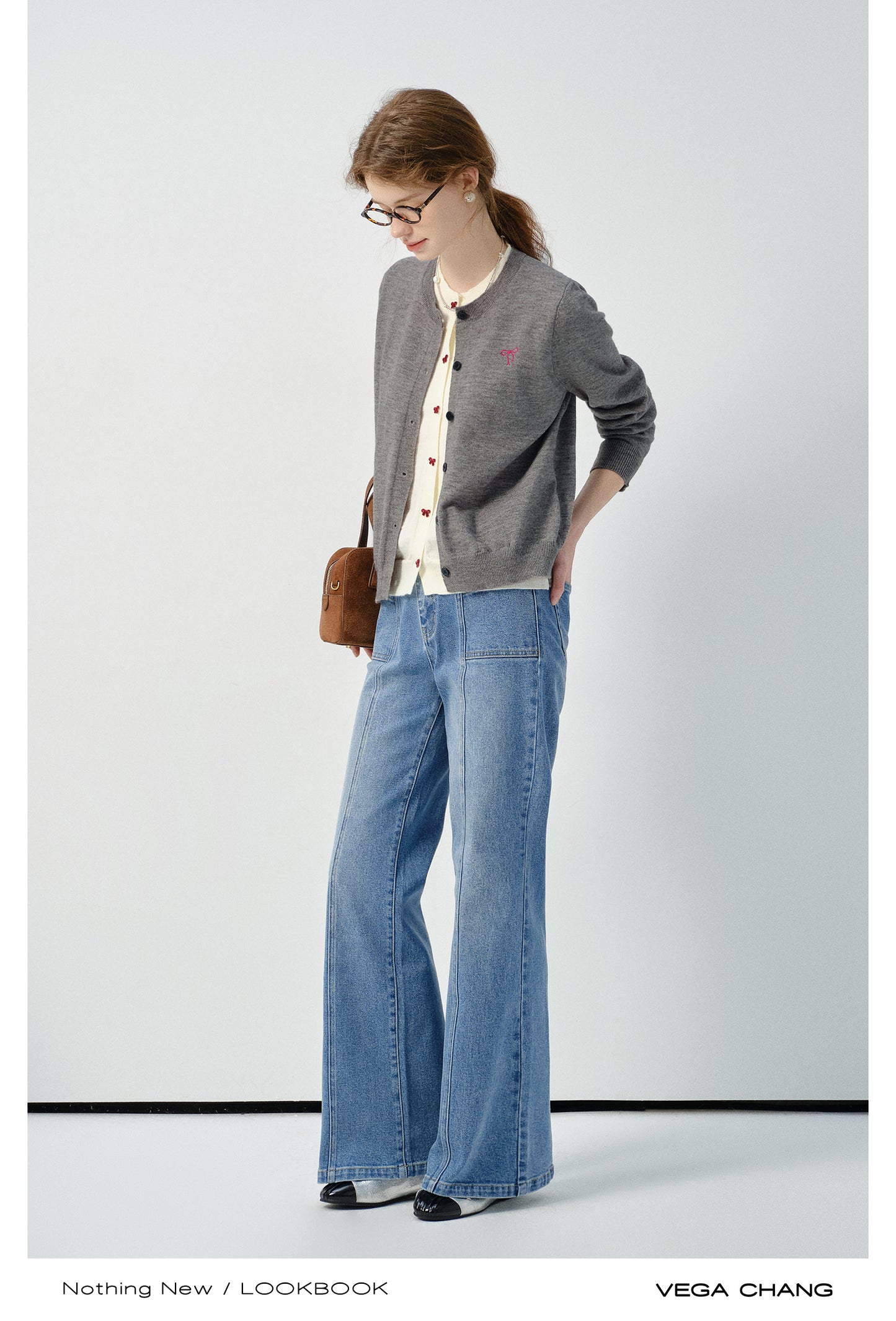 Layered-Look Bow Cardigan & Center Seam Jeans