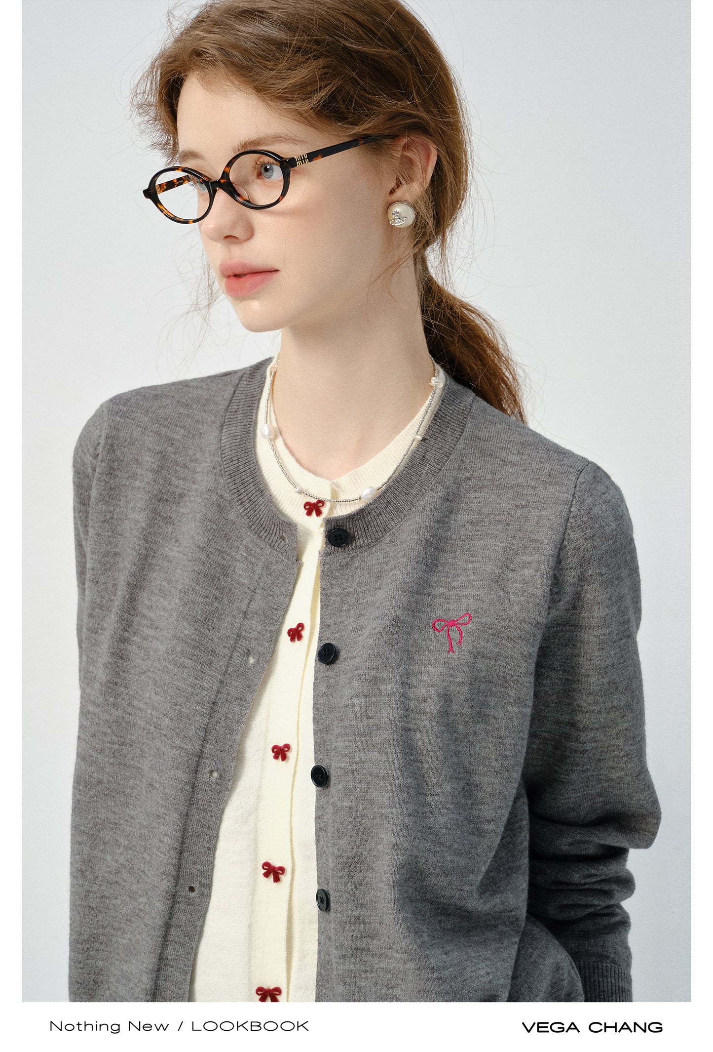 Layered-Look Bow Cardigan & Center Seam Jeans