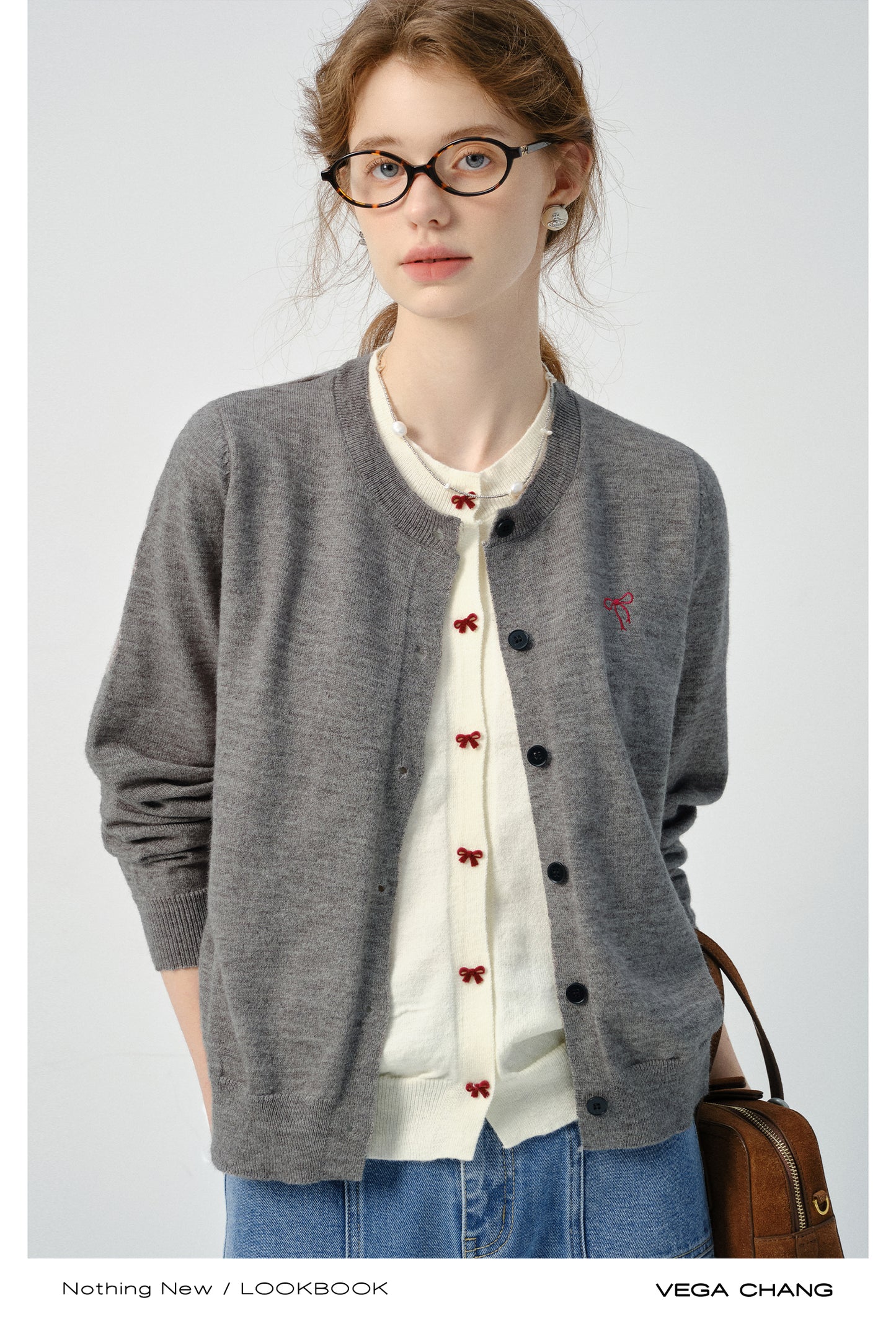 Layered-Look Bow Cardigan & Center Seam Jeans