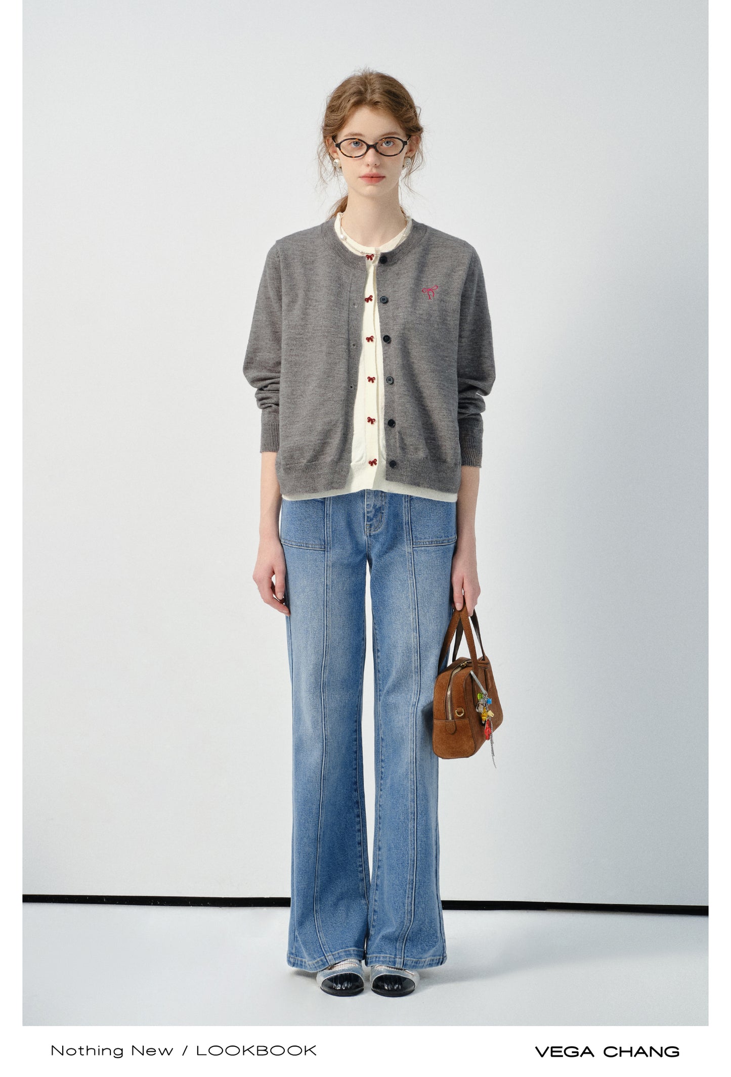 Layered-Look Bow Cardigan & Center Seam Jeans