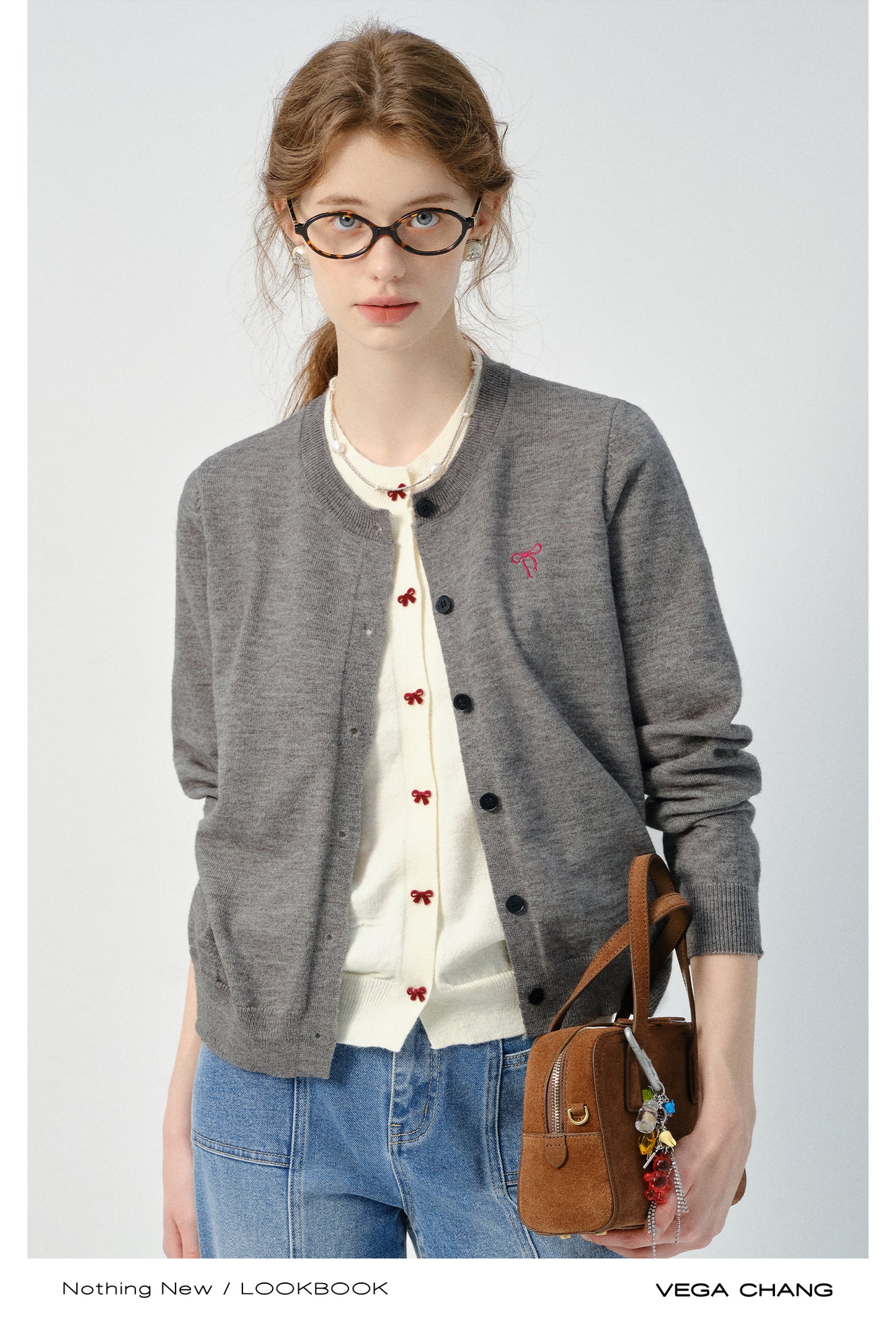 Layered-Look Bow Cardigan & Center Seam Jeans