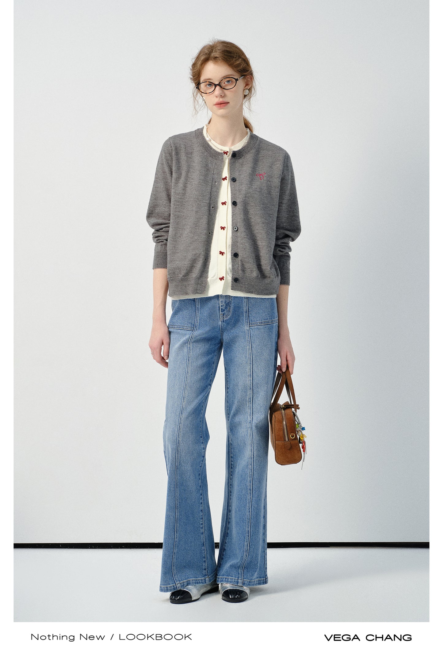 Layered-Look Bow Cardigan & Center Seam Jeans