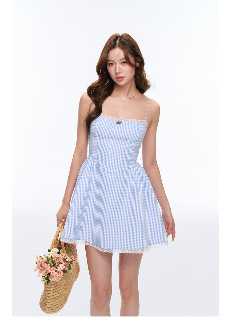 High-Waisted Lace-Trimmed Gingham Cami Dress