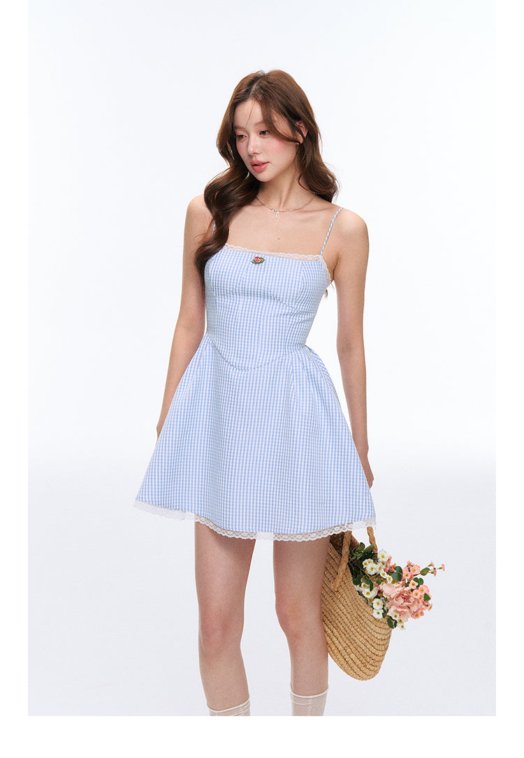 High-Waisted Lace-Trimmed Gingham Cami Dress