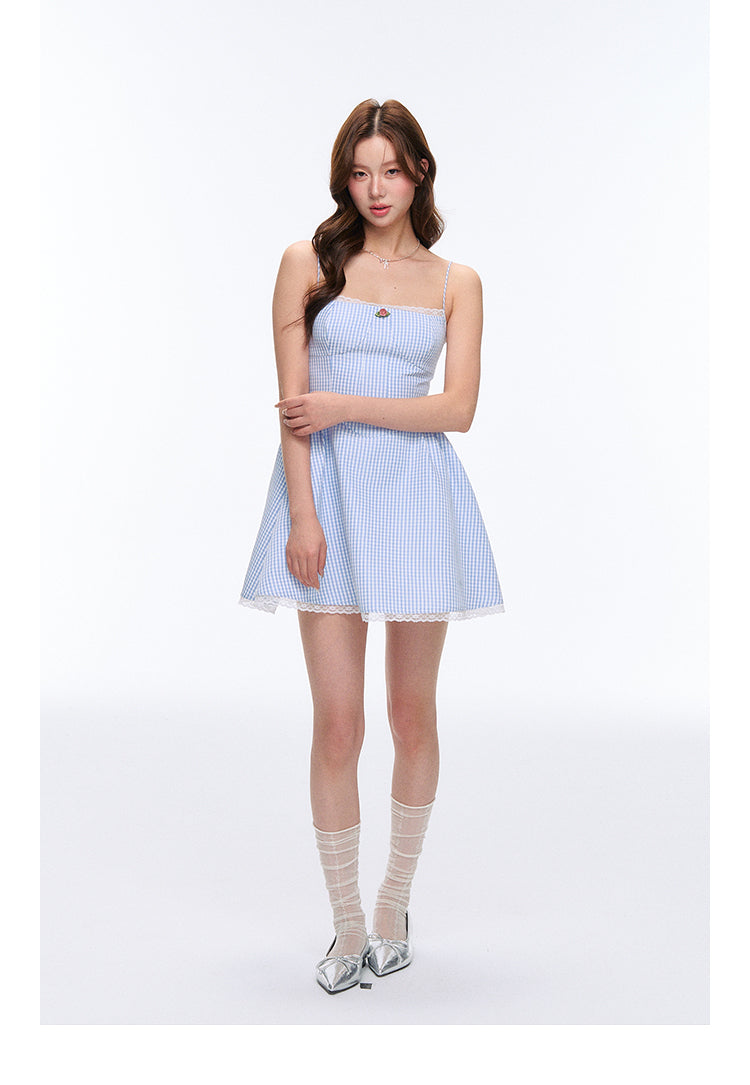 High-Waisted Lace-Trimmed Gingham Cami Dress