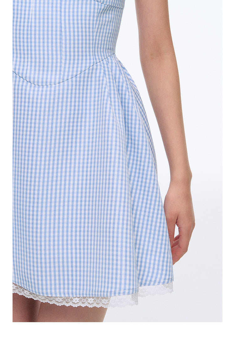High-Waisted Lace-Trimmed Gingham Cami Dress