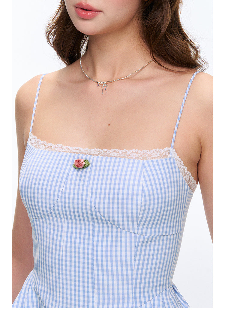 High-Waisted Lace-Trimmed Gingham Cami Dress