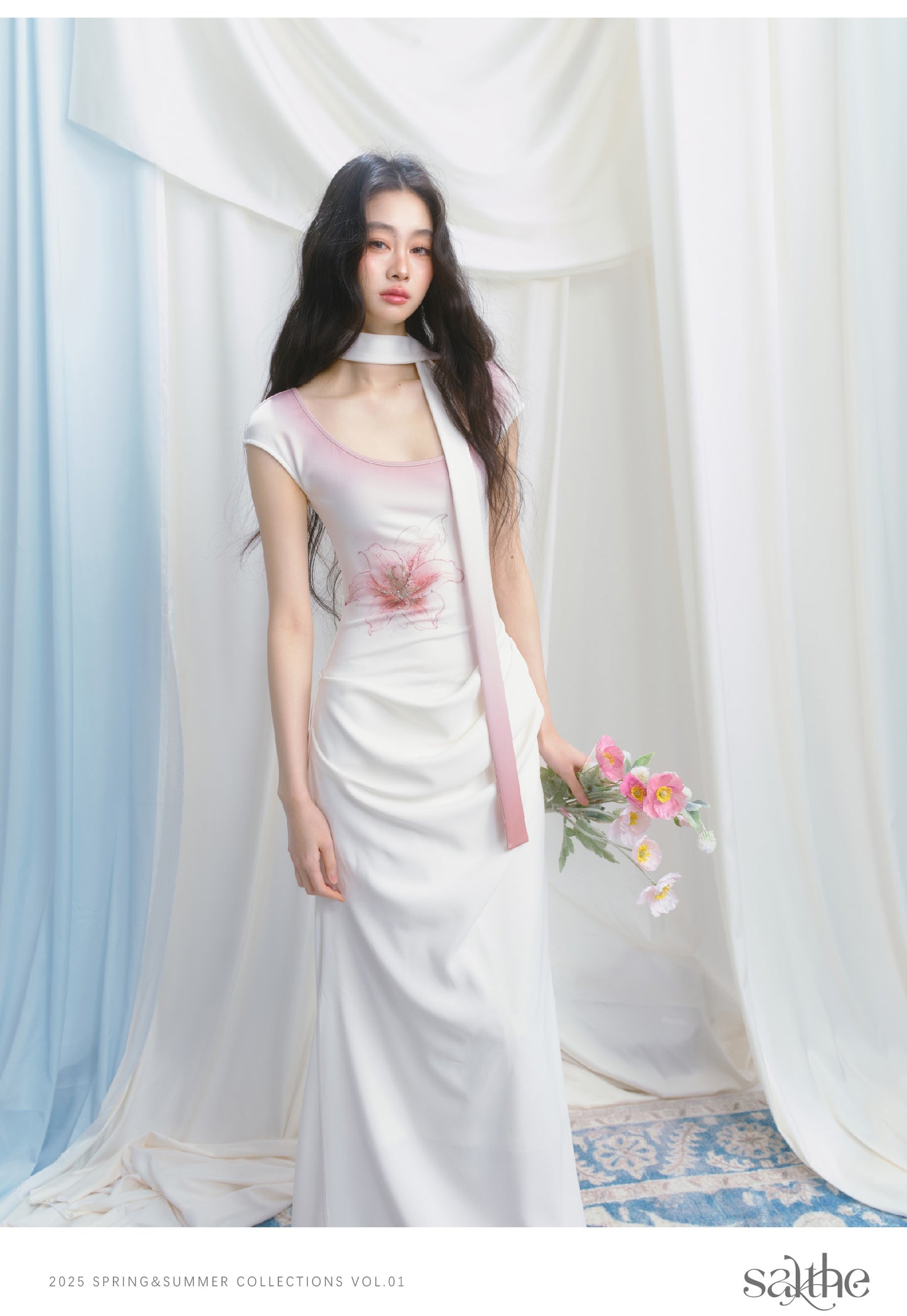 Draped Flower Print Cap Sleeve Dress With Scarf