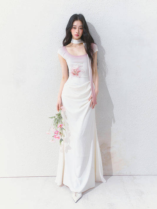 Draped Flower Print Cap Sleeve Dress With Scarf