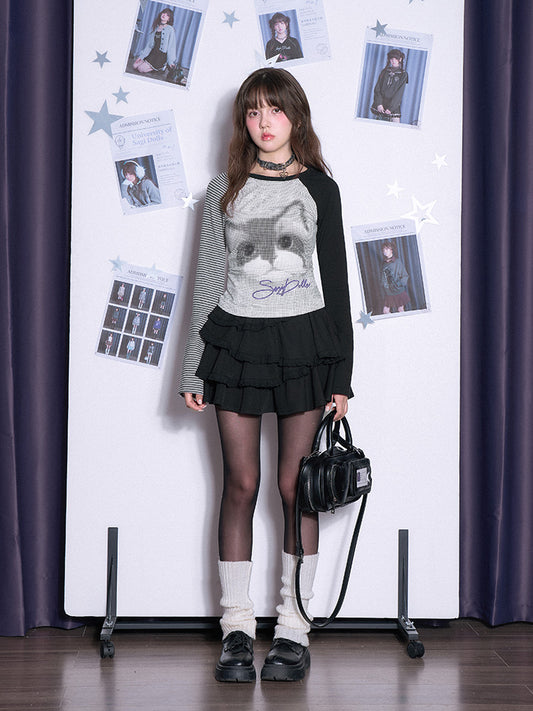 Black & White Cat Print Raglan T-Shirt