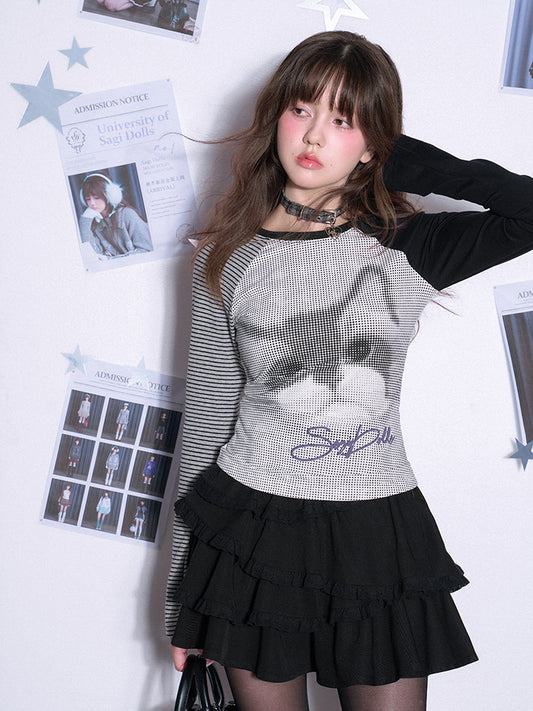 Black & White Cat Print Raglan T-Shirt