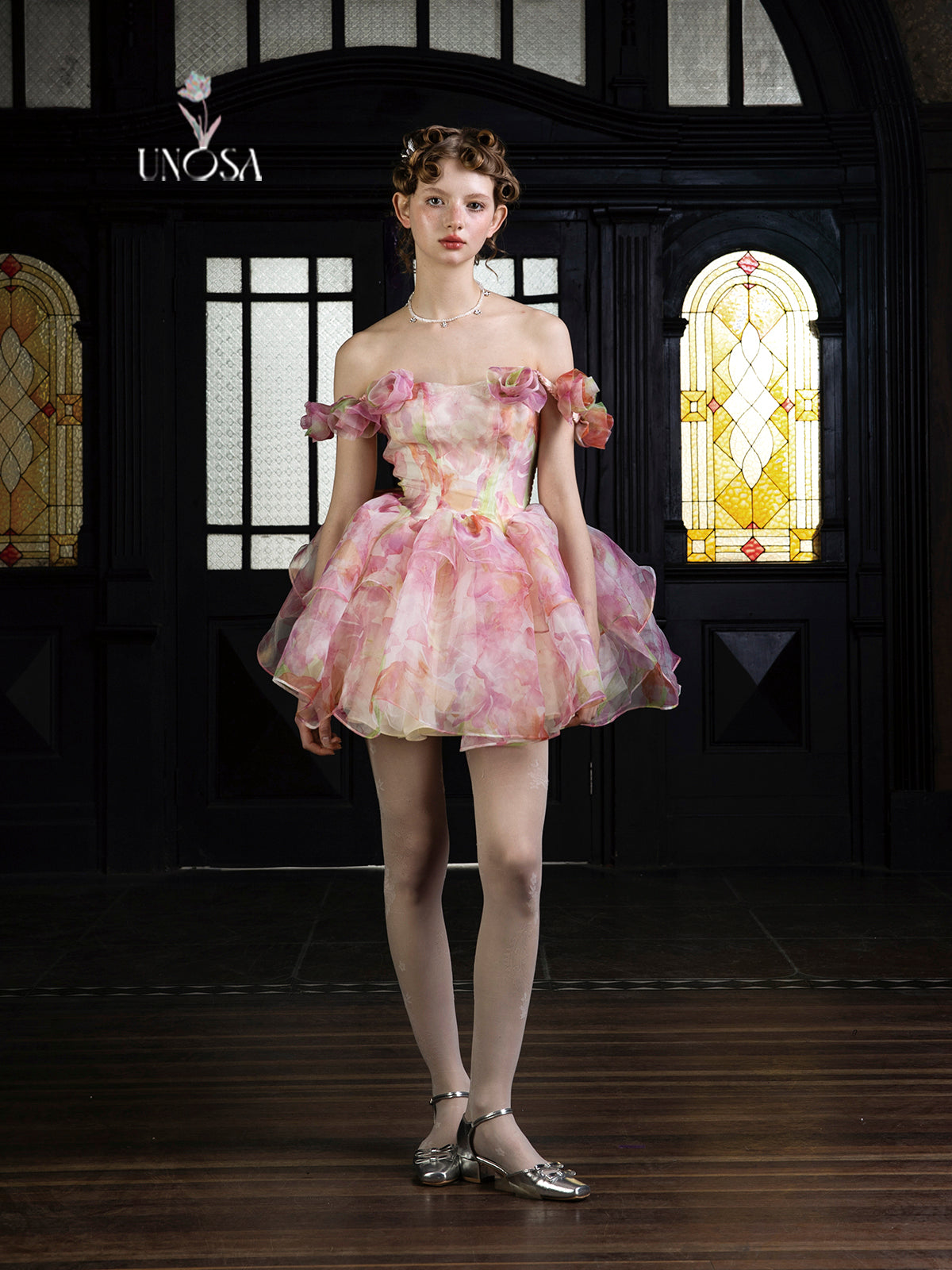 Floral Off-Shoulder Dress With Decorative Flowers