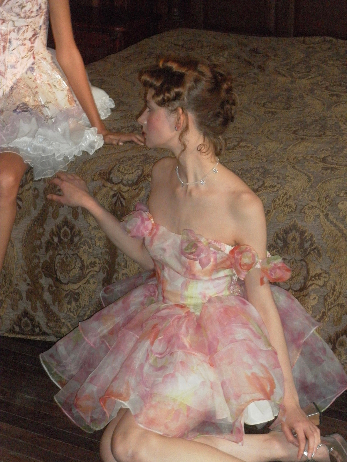 Floral Off-Shoulder Dress With Decorative Flowers