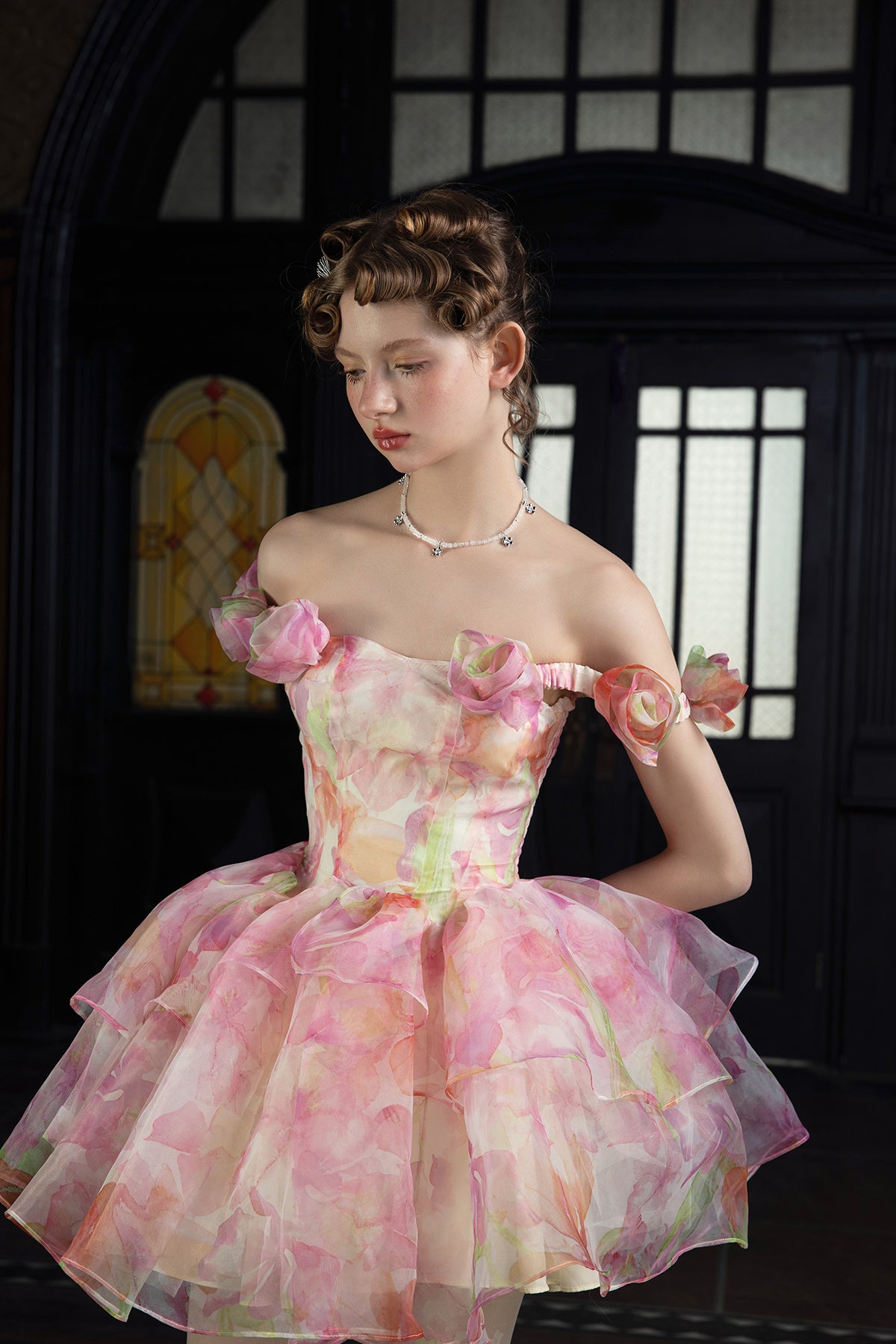 Floral Off-Shoulder Dress With Decorative Flowers