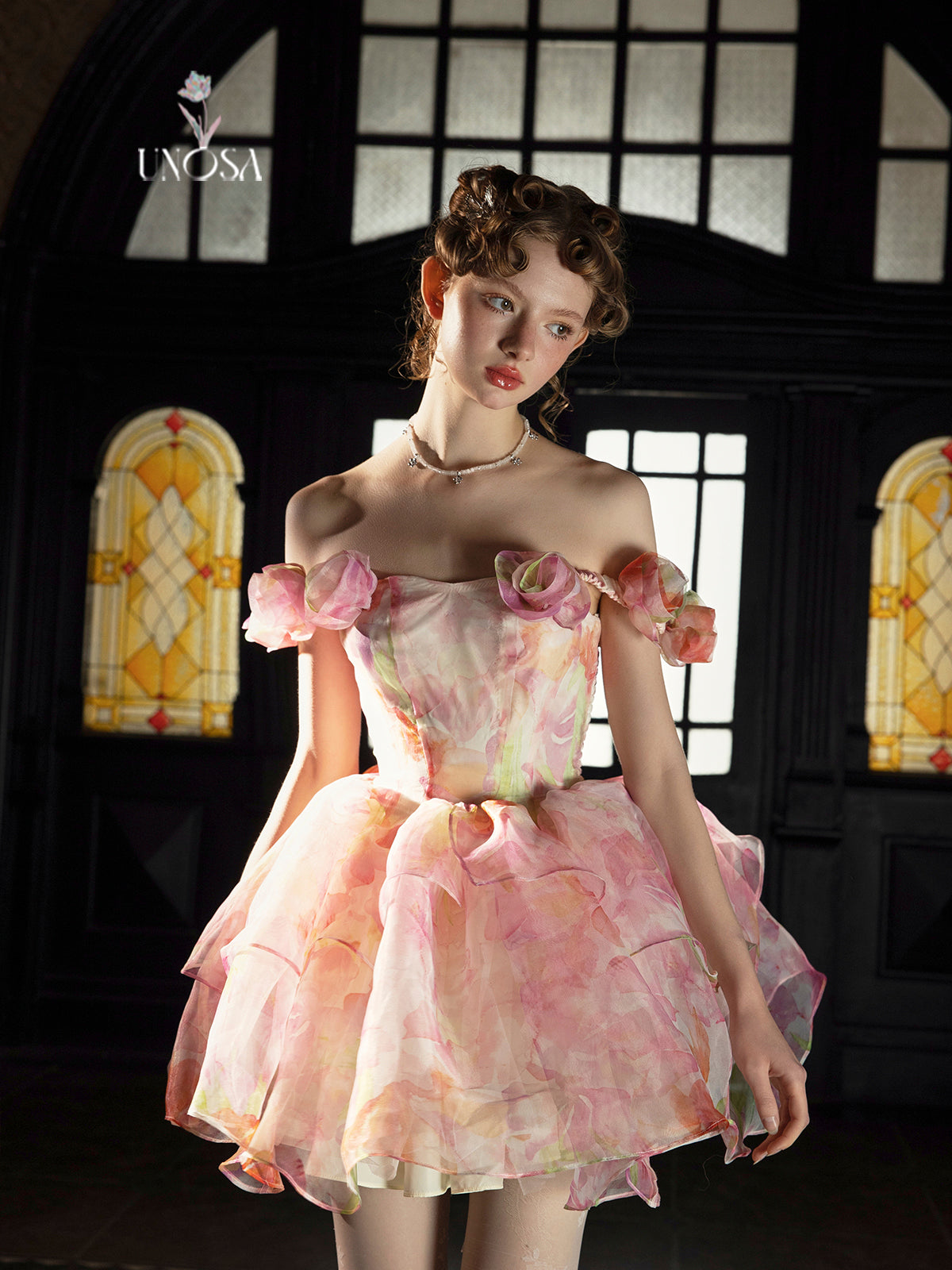 Floral Off-Shoulder Dress With Decorative Flowers