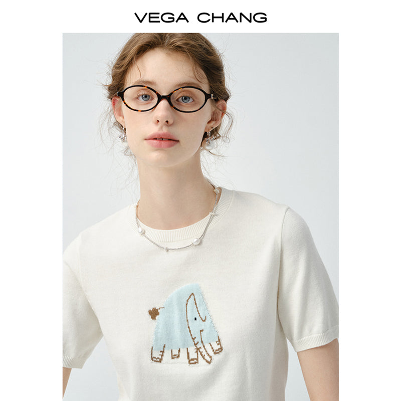 Elephant Motif Short-Sleeve Knit Top