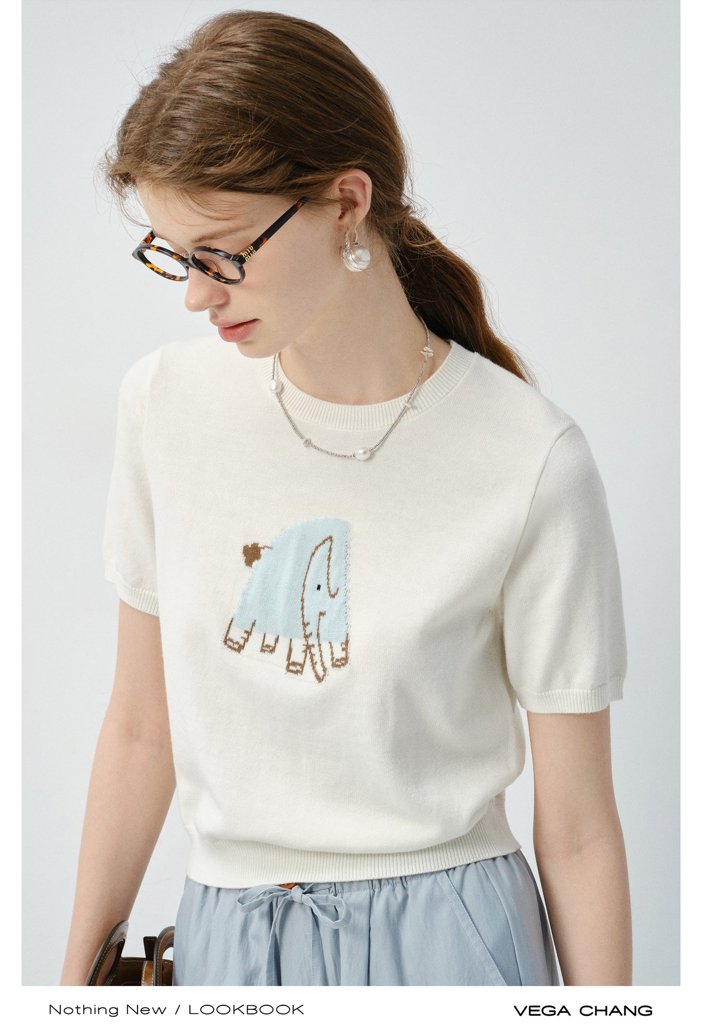 Elephant Motif Short-Sleeve Knit Top