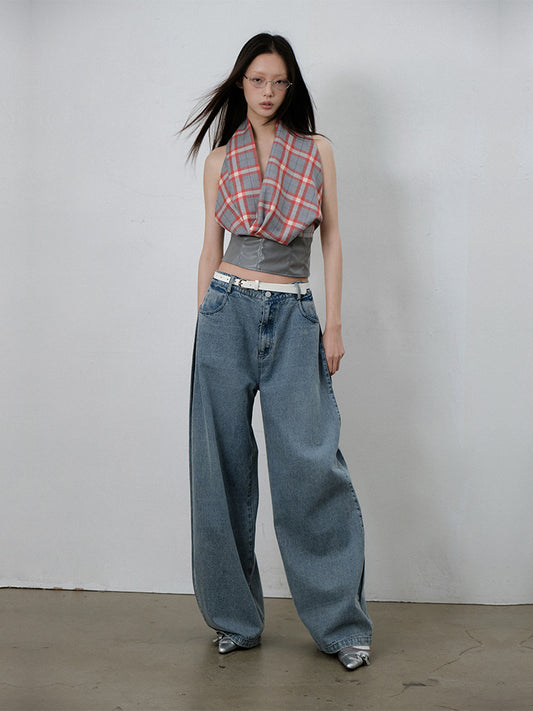 Plaid Draped Sleeveless Top With Faux Leather Hem