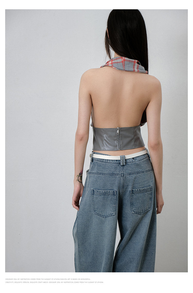 Plaid Draped Sleeveless Top With Faux Leather Hem