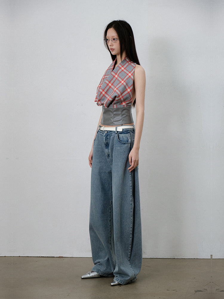 Plaid Draped Sleeveless Top With Faux Leather Hem