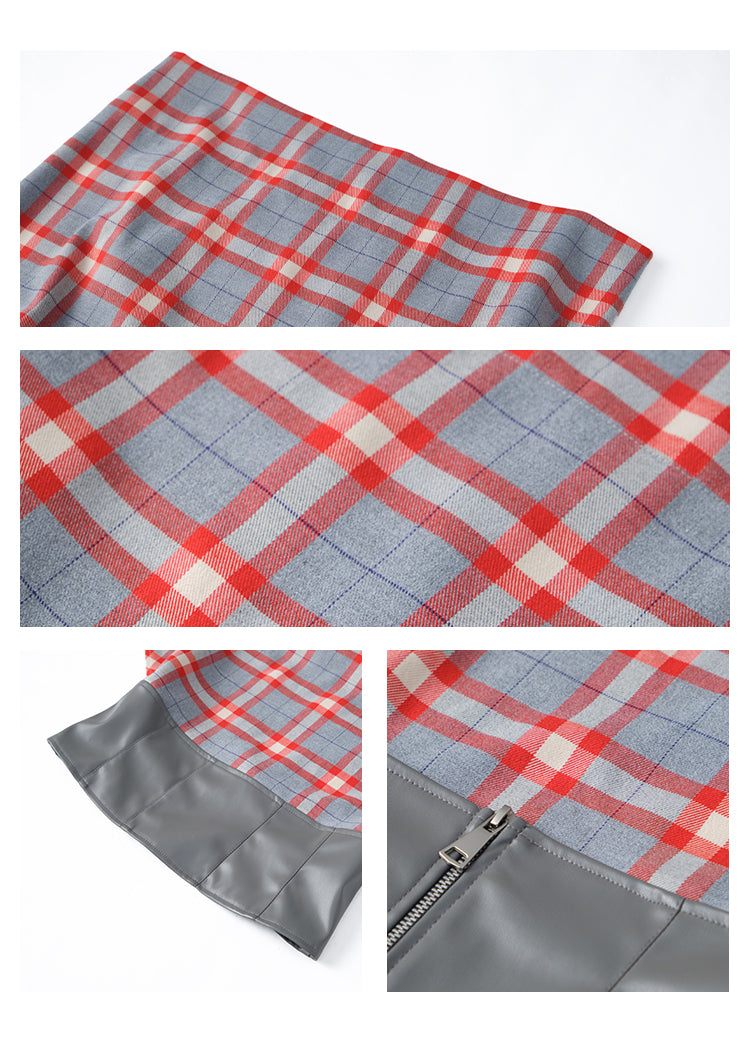 Plaid Draped Sleeveless Top With Faux Leather Hem