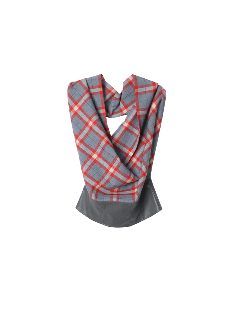 Plaid Draped Sleeveless Top With Faux Leather Hem