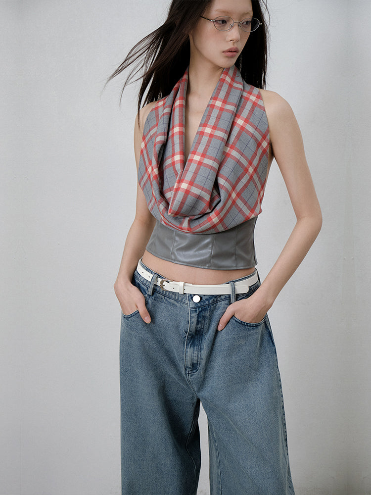 Plaid Draped Sleeveless Top With Faux Leather Hem