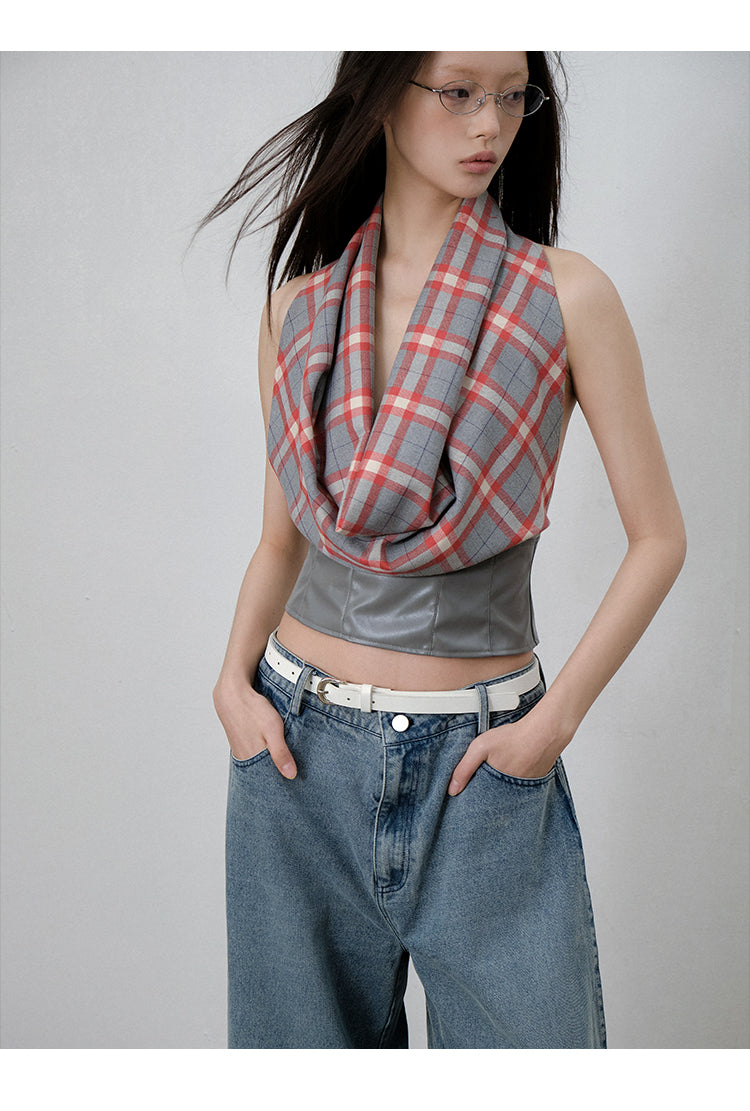 Plaid Draped Sleeveless Top With Faux Leather Hem