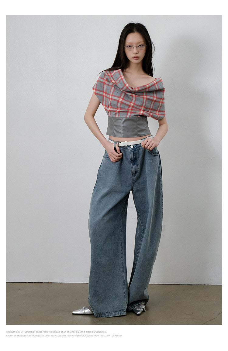 Plaid Draped Sleeveless Top With Faux Leather Hem
