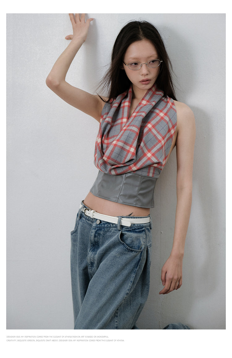 Plaid Draped Sleeveless Top With Faux Leather Hem