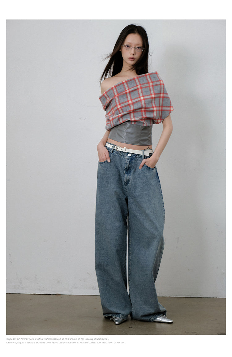 Plaid Draped Sleeveless Top With Faux Leather Hem