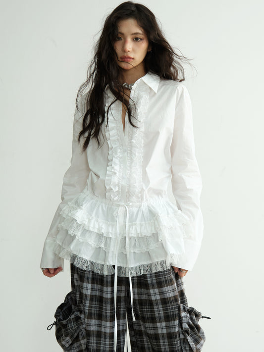 Ruffle-Front Lace Tiered Hem Blouse