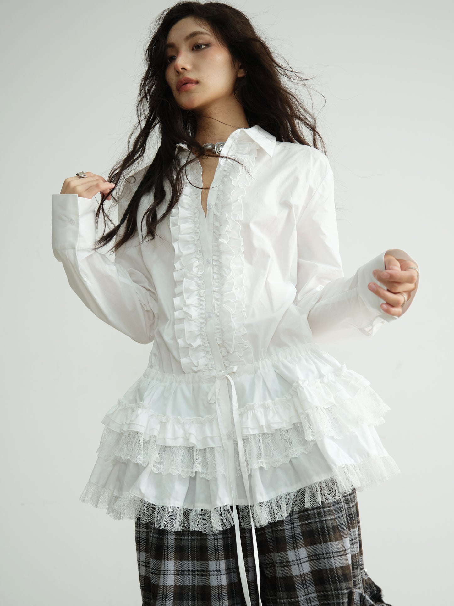 Ruffle-Front Lace Tiered Hem Blouse