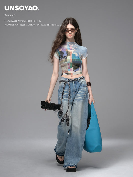 Raw Hem Wide-Leg Washed Jeans