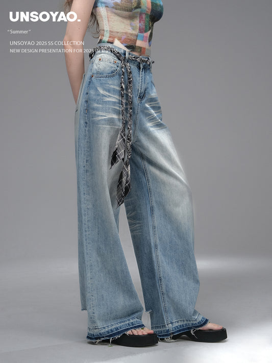 Raw Hem Wide-Leg Washed Jeans