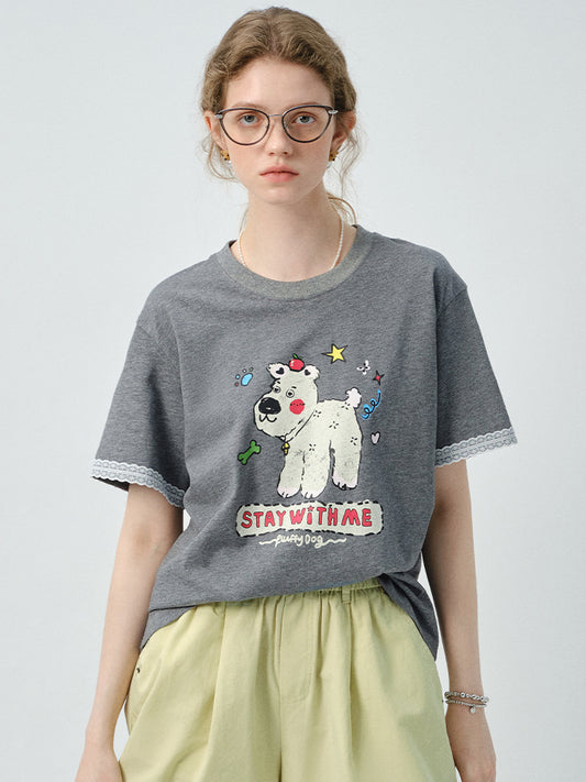 Puppy Print Tee With Delicate Lace Trim