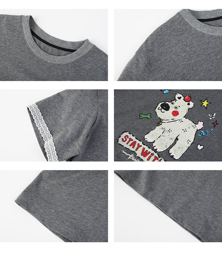 Puppy Print Tee With Delicate Lace Trim