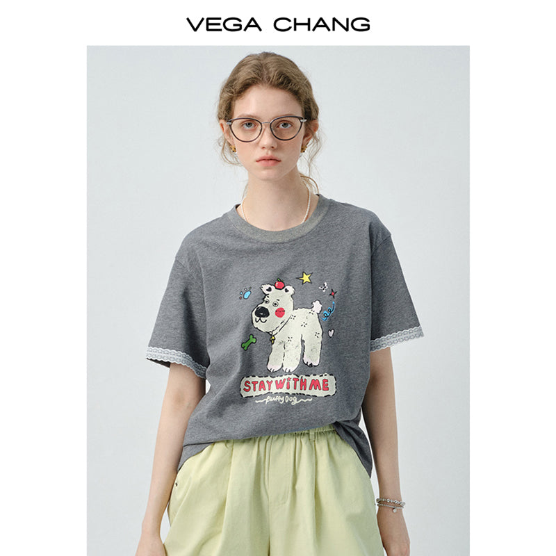 Puppy Print Tee With Delicate Lace Trim