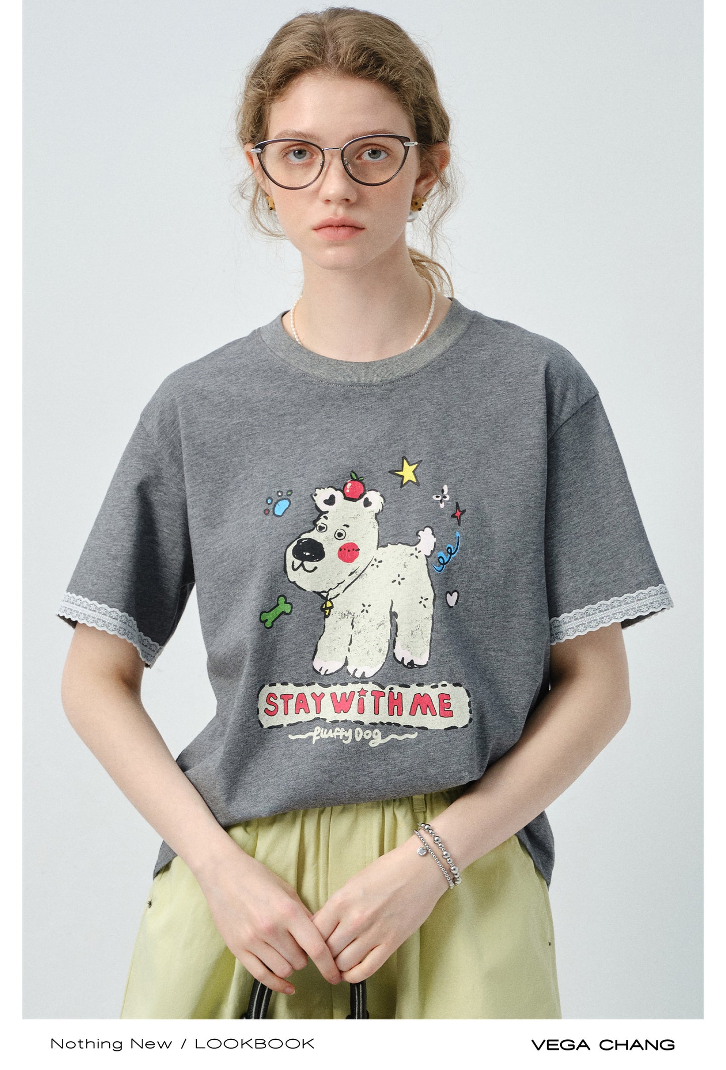 Puppy Print Tee With Delicate Lace Trim