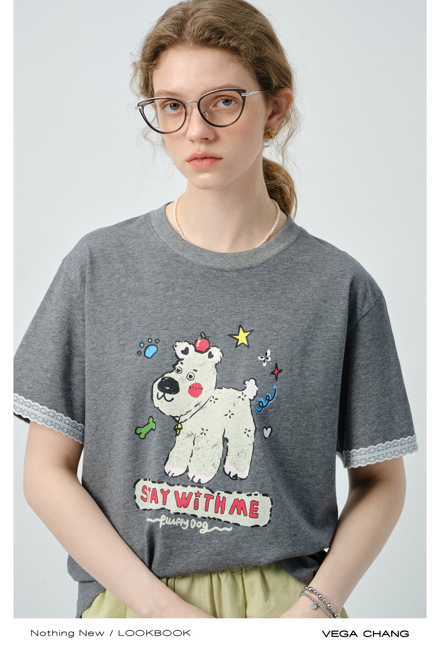 Puppy Print Tee With Delicate Lace Trim