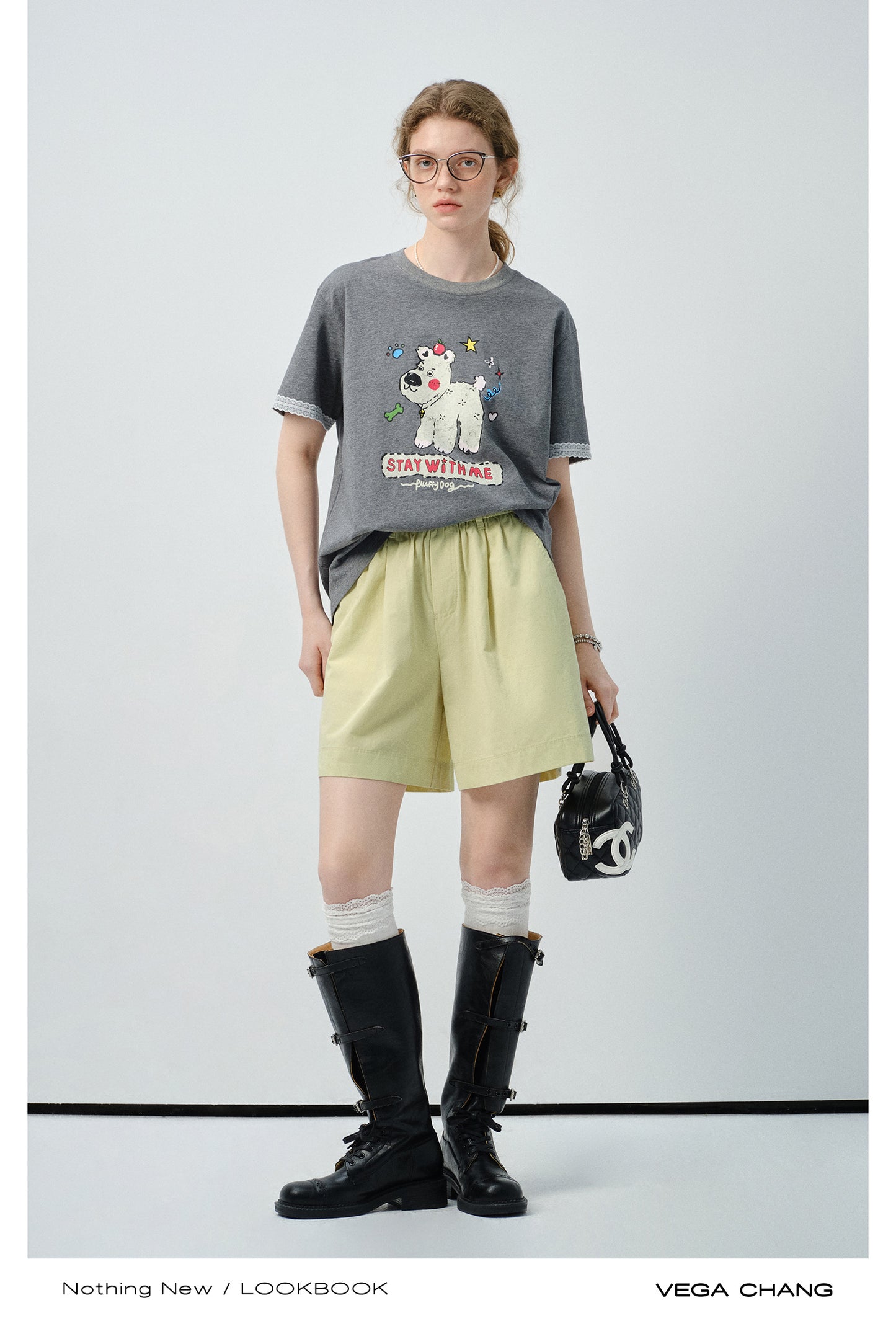 Puppy Print Tee With Delicate Lace Trim