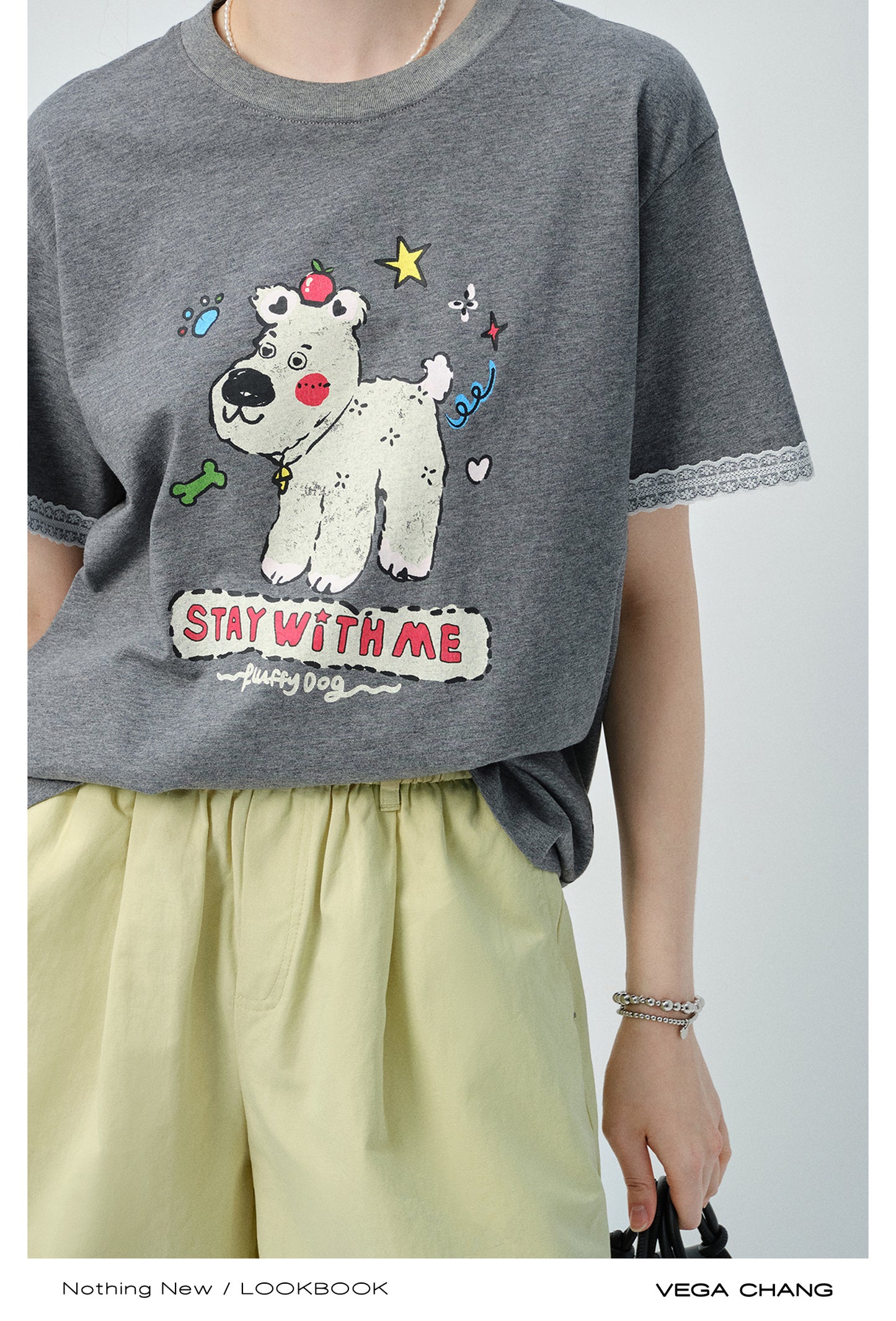 Puppy Print Tee With Delicate Lace Trim