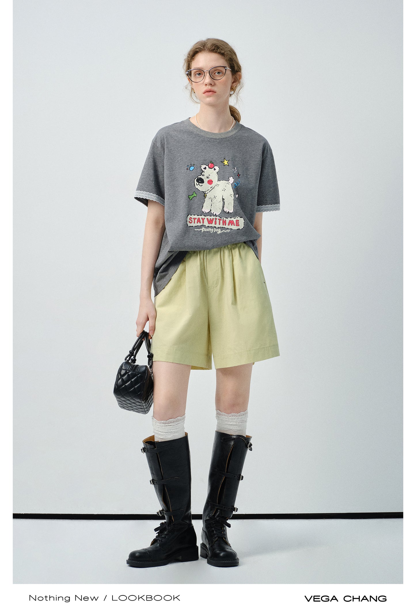 Puppy Print Tee With Delicate Lace Trim