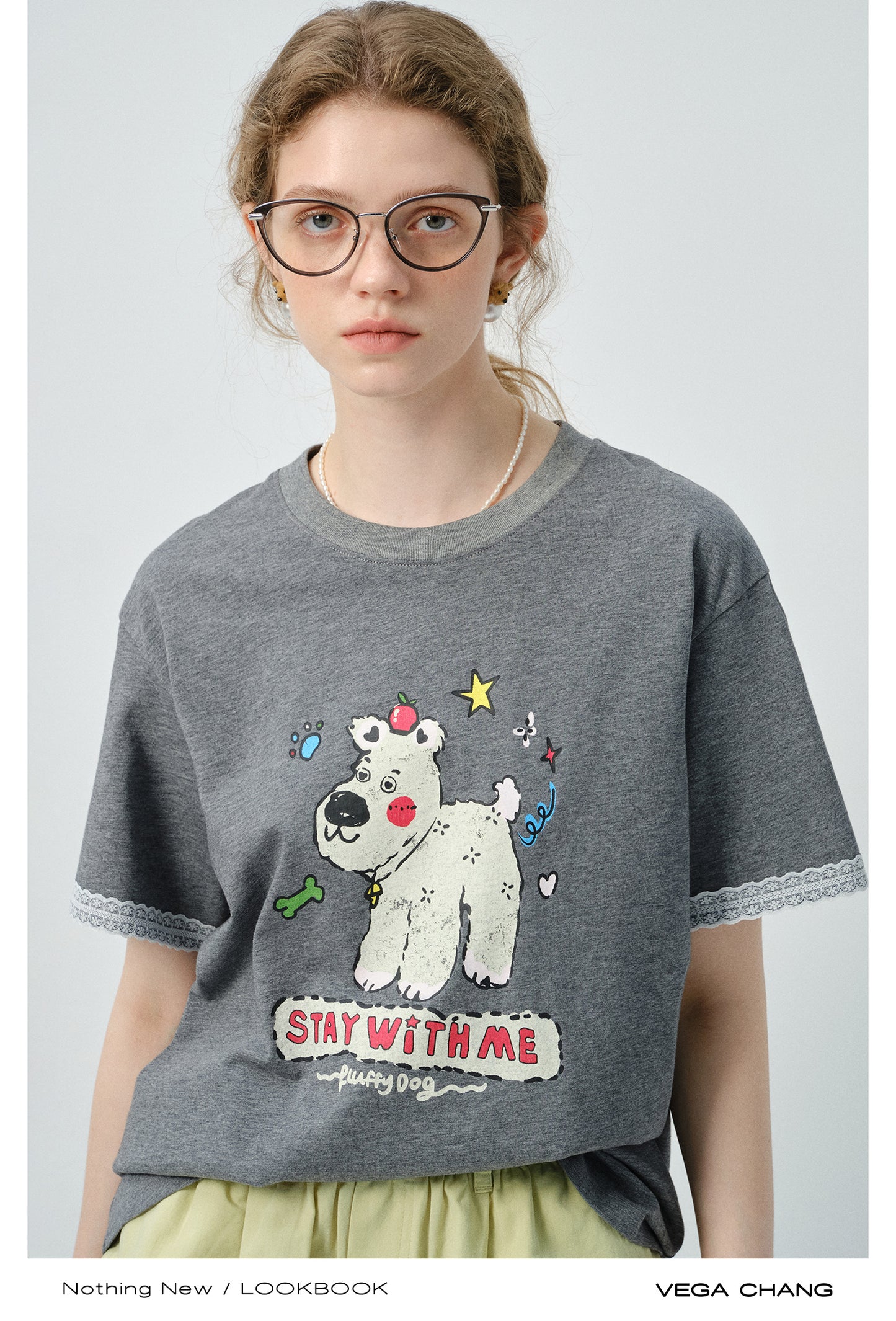 Puppy Print Tee With Delicate Lace Trim