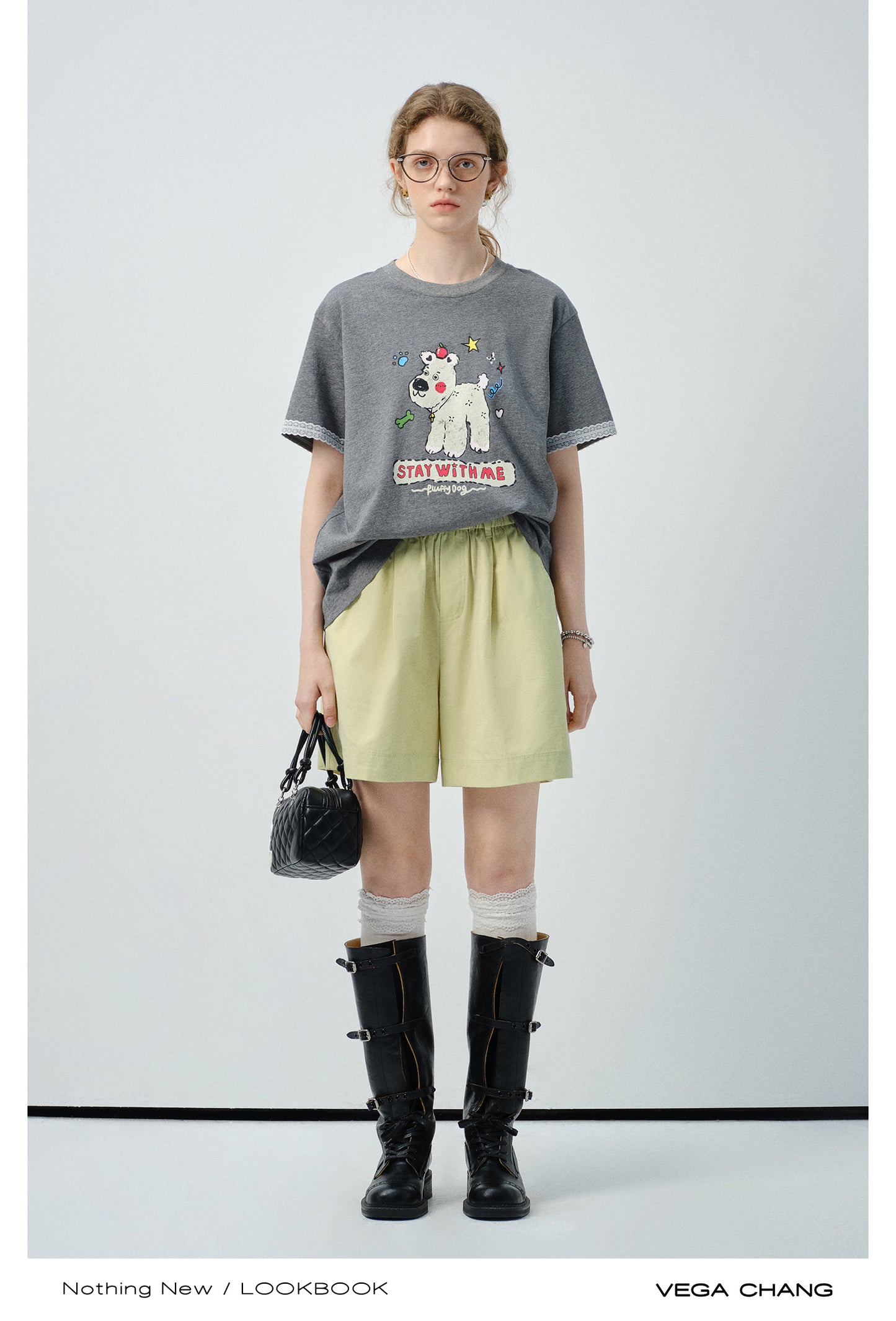 Puppy Print Tee With Delicate Lace Trim