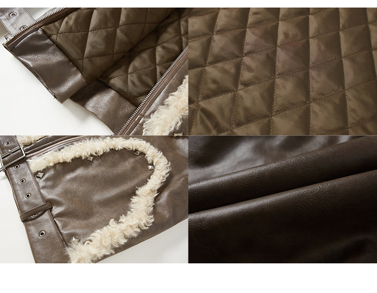 Quilted Lined Studded Faux Leather Jacket With Fur