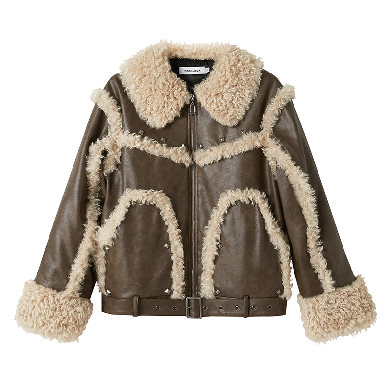 Quilted Lined Studded Faux Leather Jacket With Fur