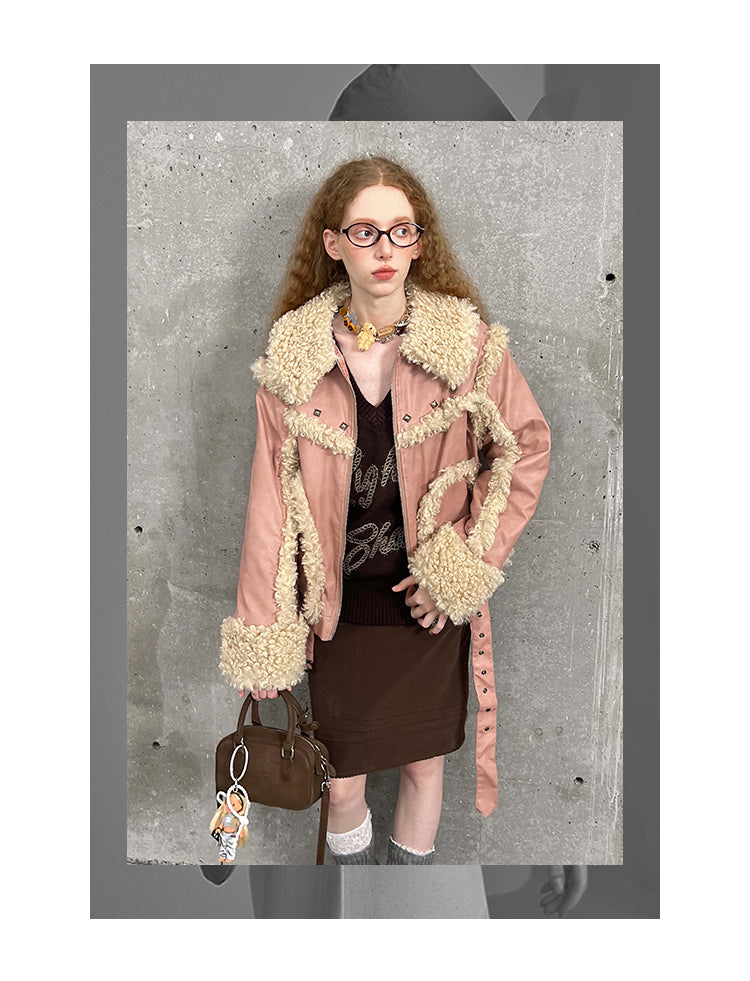 Quilted Lined Studded Faux Leather Jacket With Fur