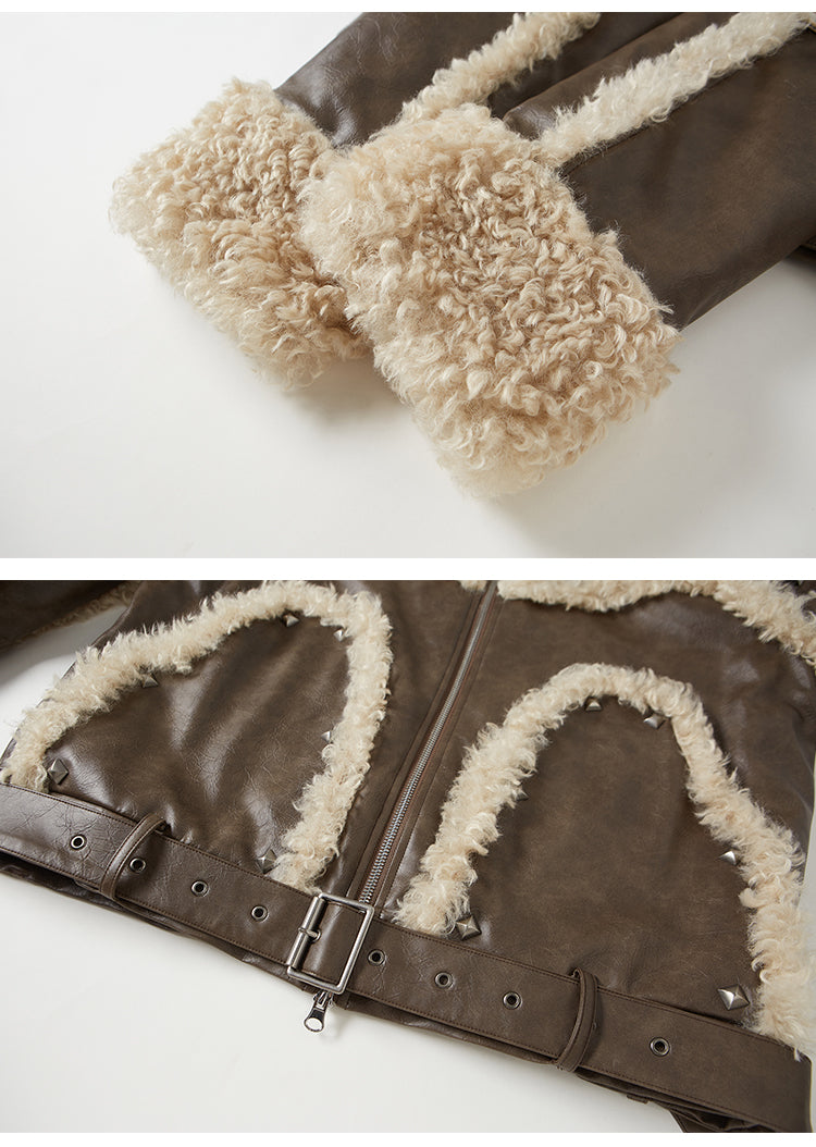 Quilted Lined Studded Faux Leather Jacket With Fur